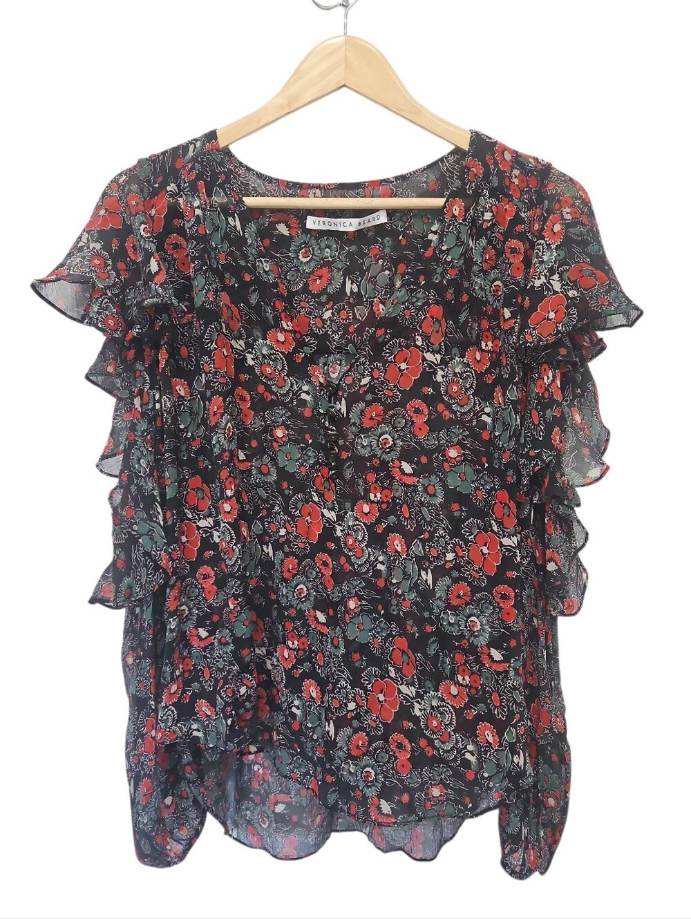 Veronica Beard Blakely Silk Cold Shoulder Ruffle Blouse Ballard Floral